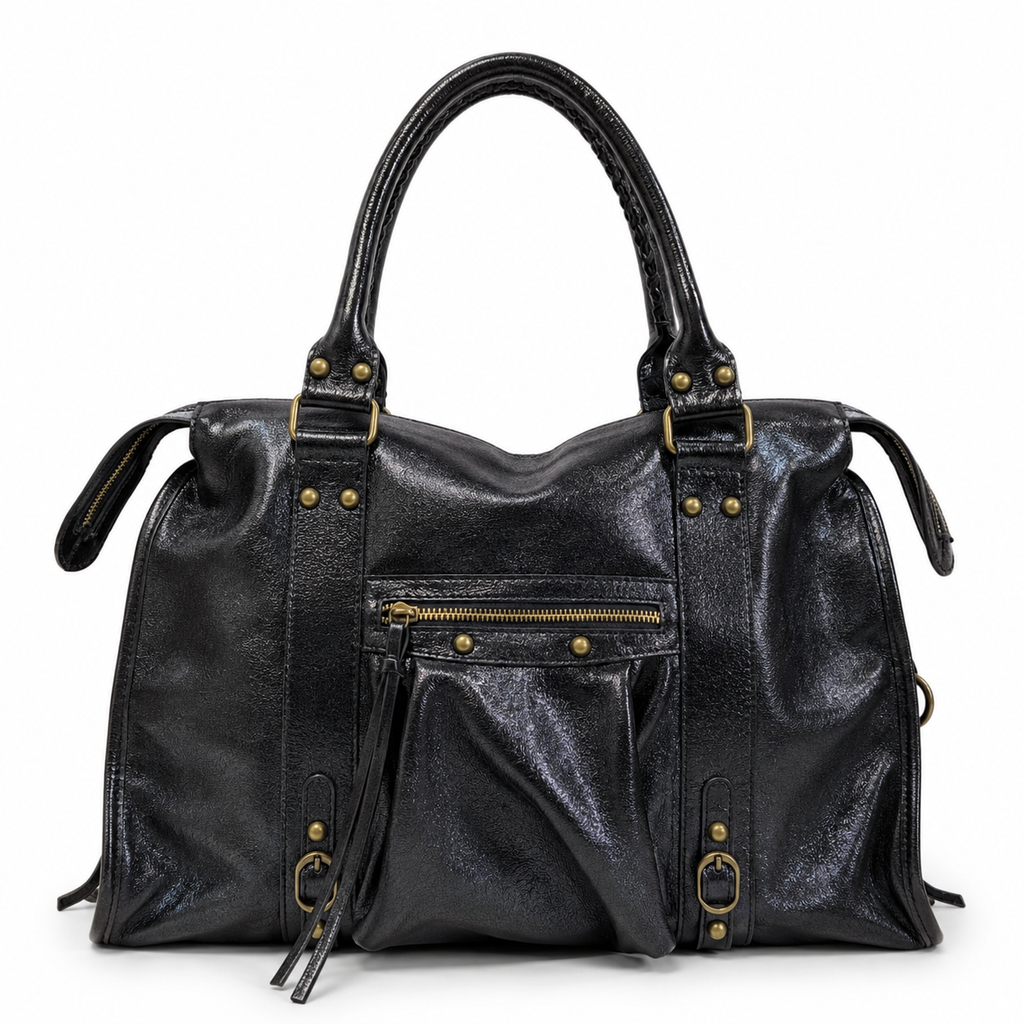 Sac en cuir irisé de couleur noir et de taille L. Peut contenir un ordinateur max 16 pouces.