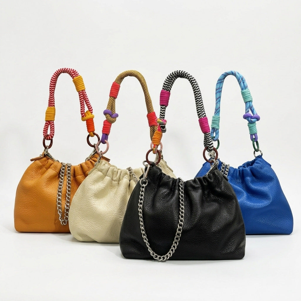 Petit sac en cuir de la marque LouisaLee. 
Ce sac en cuir à pour design un cuir plissé avec un cordon de plusieurs couleurs. 
Peut se porter avec sa chainette en bandoulière ou à l'épaule, peut également se porte à la main avec son cordon. 
Découvrez notre petit sac à main en cuir nommé Plissa à cordon. 
Existe en cuir grainé, cuir irisé, cuir suède daim. 
Existe en plusieurs tailles : S,M,L
Louisa Lee marque de maroquinerie en cuir.